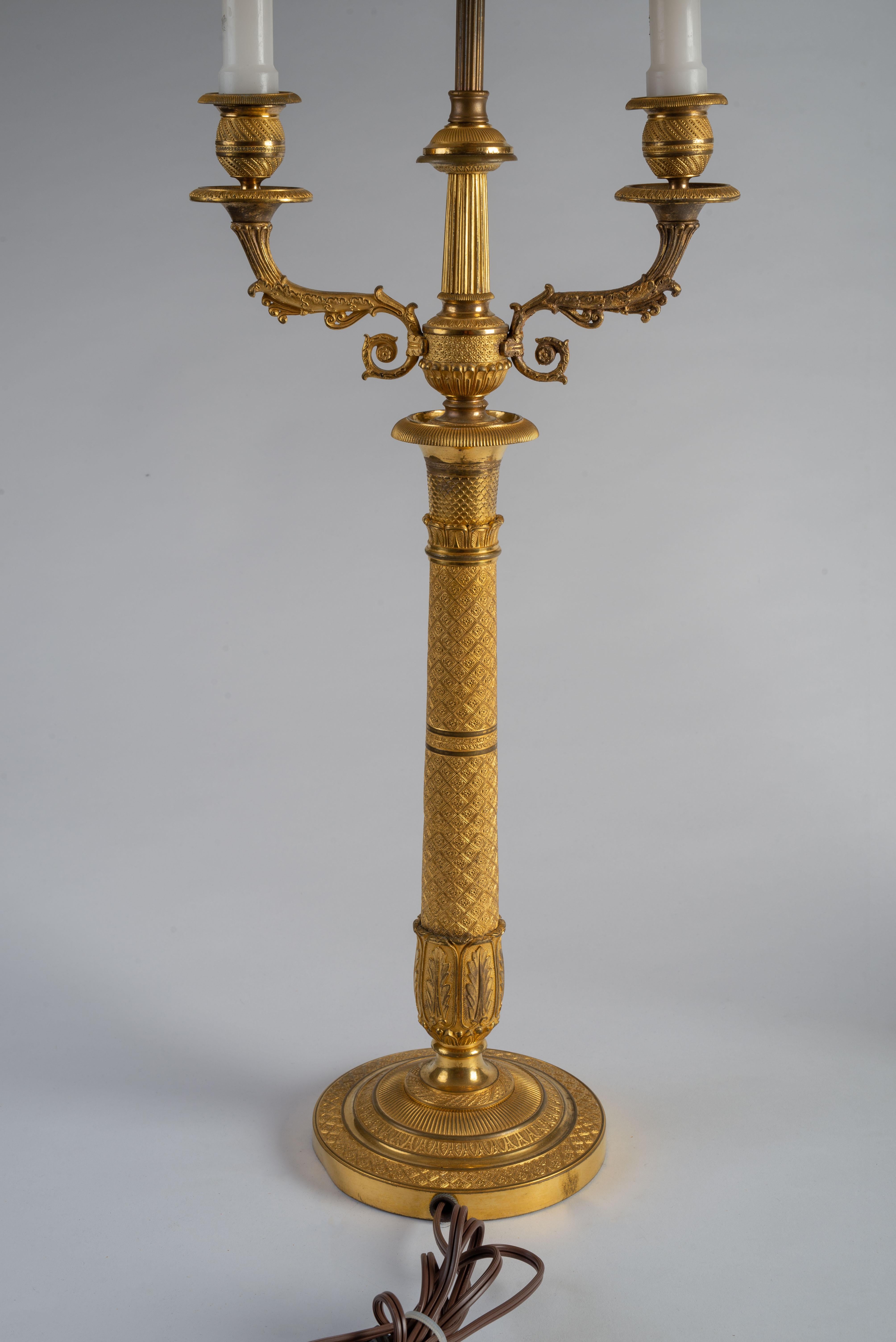 Early 19th Century Pair of Charles X Gilt Bronze Candelabra Mounted as Lamps