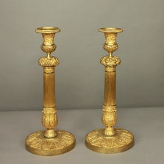 Pair of French Early 19th Century Charles X Gilt-Bronze Candlesticks, circa 1825