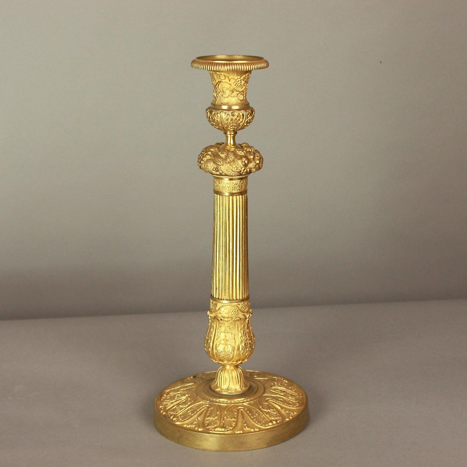 Pair of French Early 19th Century Charles X Gilt-Bronze Candlesticks, circa 1825 In Good Condition In Berlin, DE