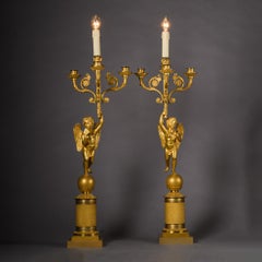 Pair of Charles X Gilt-Bronze Figural Candelabra, Fitted As Lamps