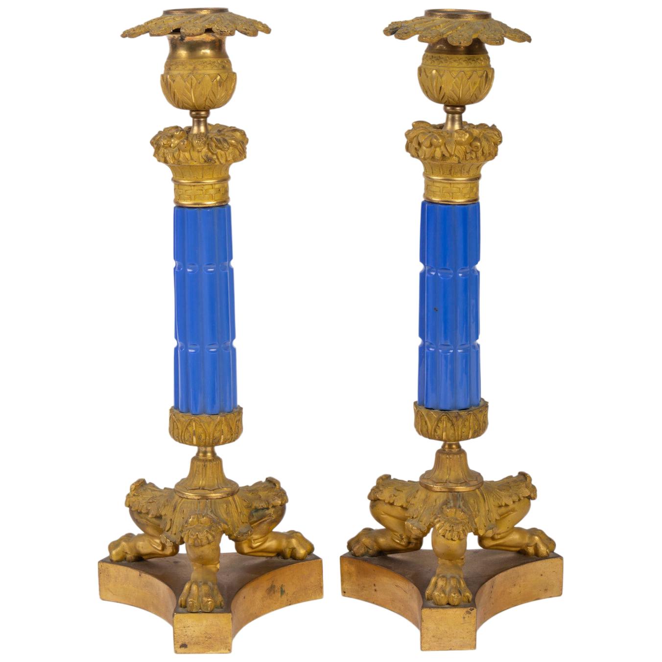 Pair of Charles X Lavender Colored Candleholders