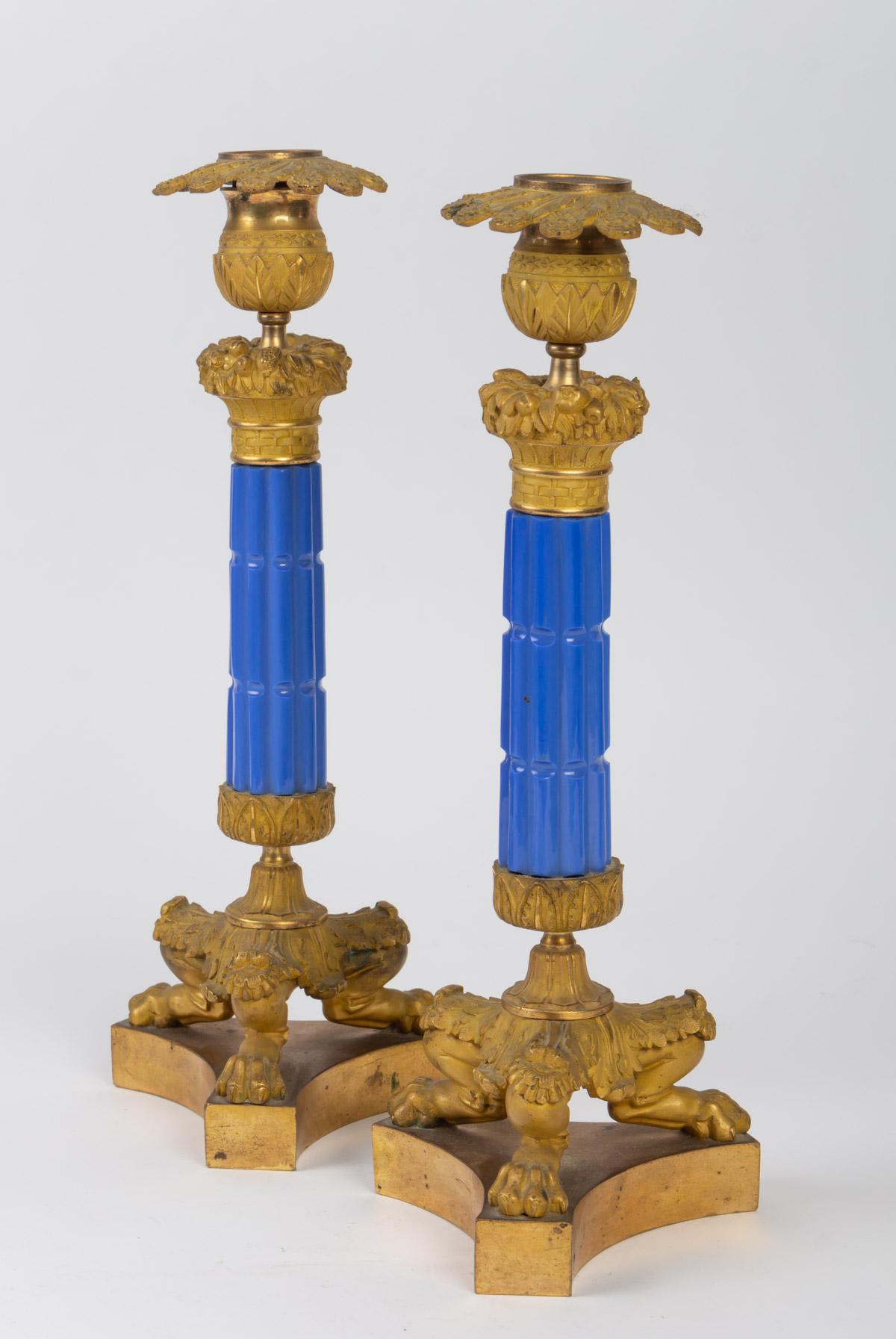 Mid-19th Century Pair of Charles X Lavender Colored Candleholders For Sale