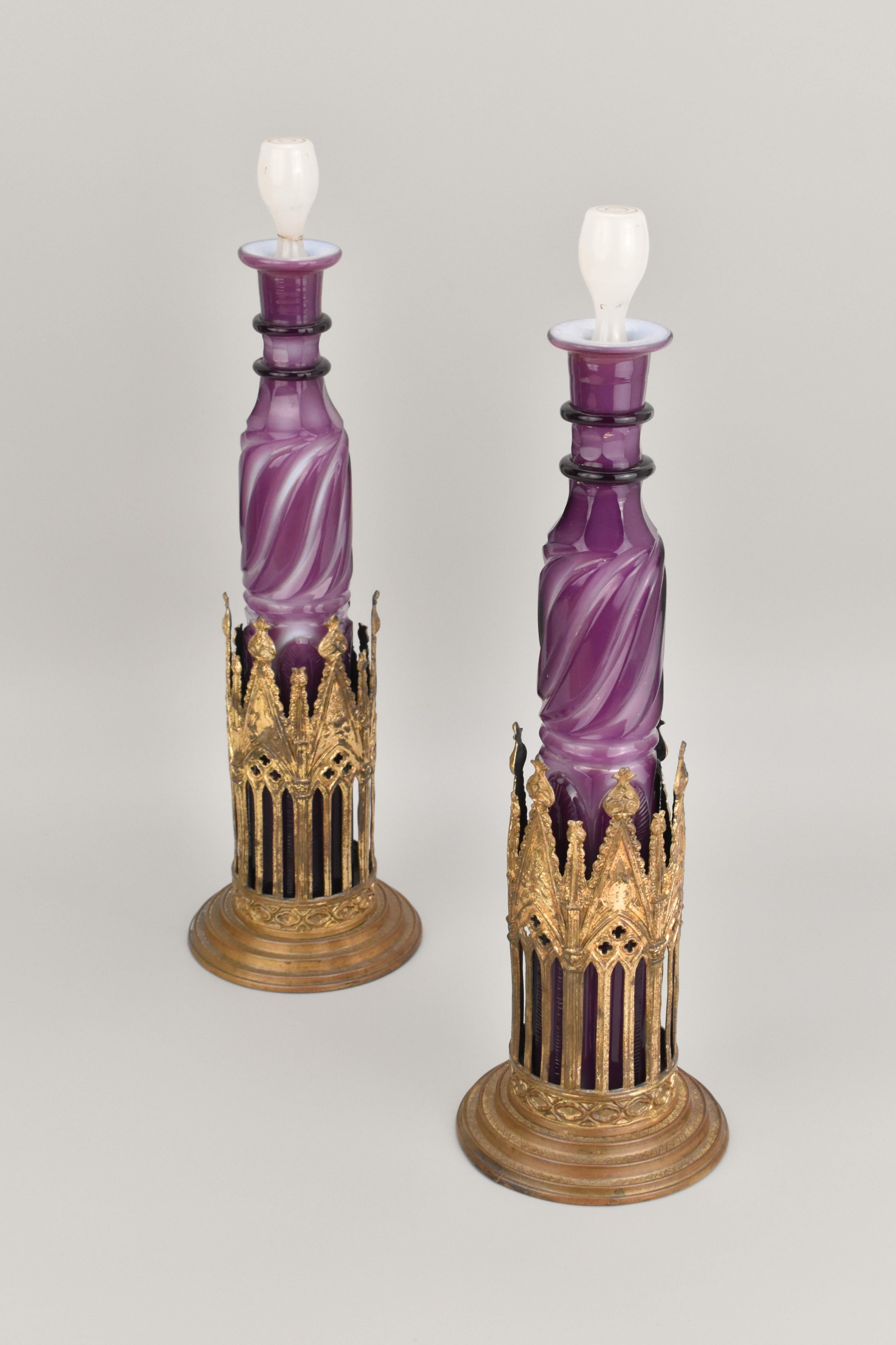 Gilt Pair of Charles X Opaline Glass Bottles withGilded Bronze Mounts, 19th Century For Sale