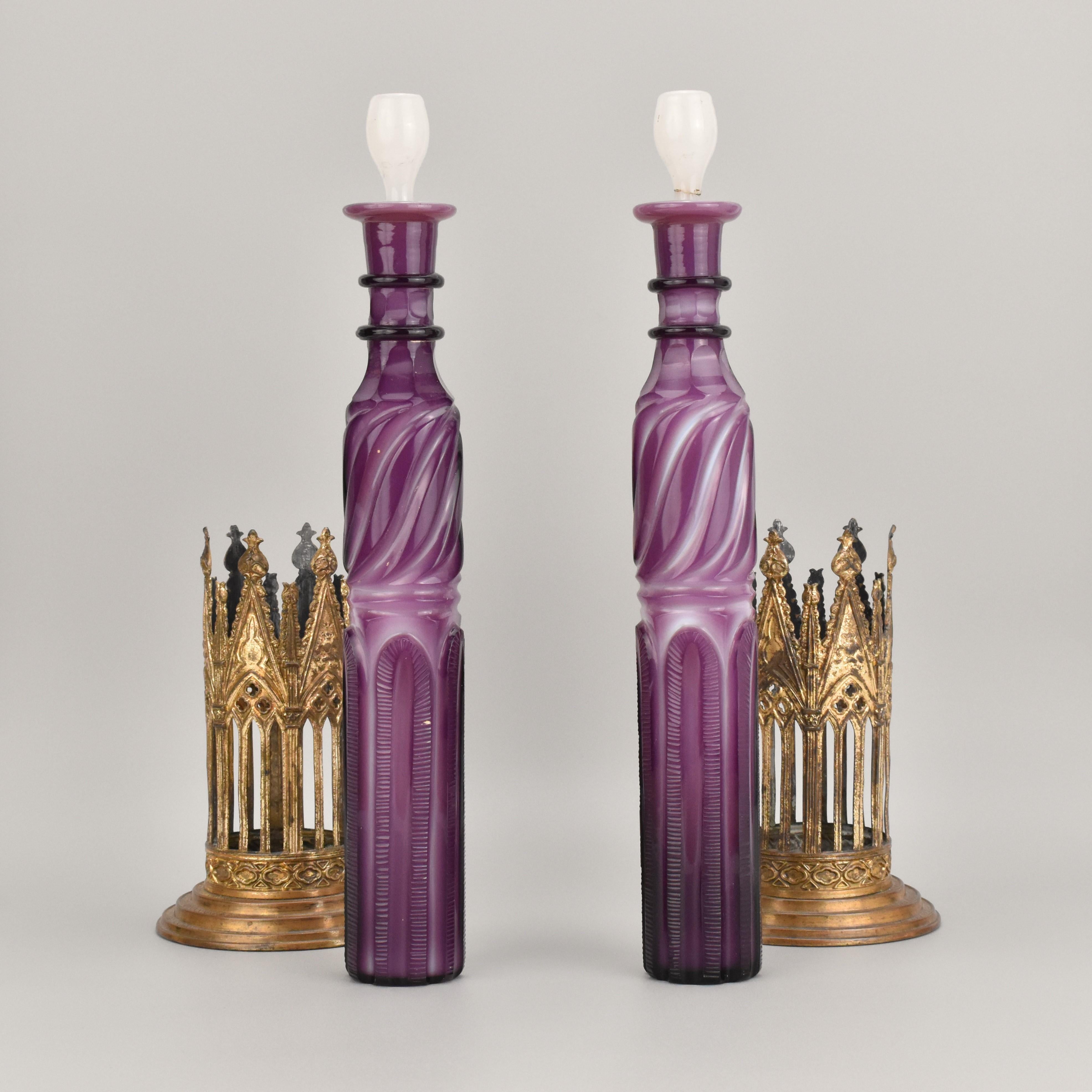 Pair of Charles X Opaline Glass Bottles withGilded Bronze Mounts, 19th Century For Sale 1