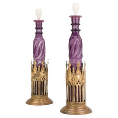 Antique Pair of Charles X Opaline Glass Bottles withGilded Bronze Mounts, 19th Century