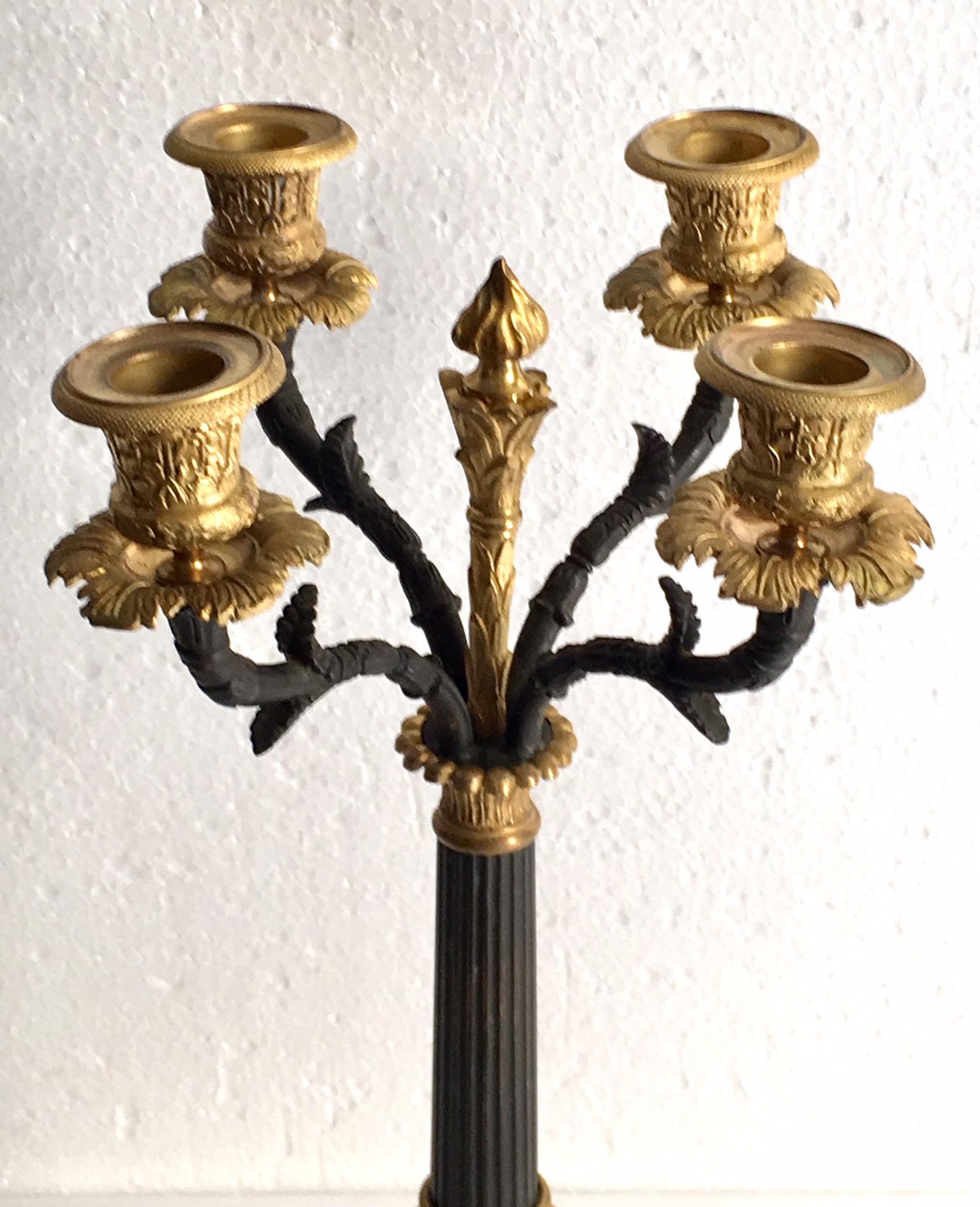 Patinated Pair of Charles X Ormolu and Bronze Candelabra