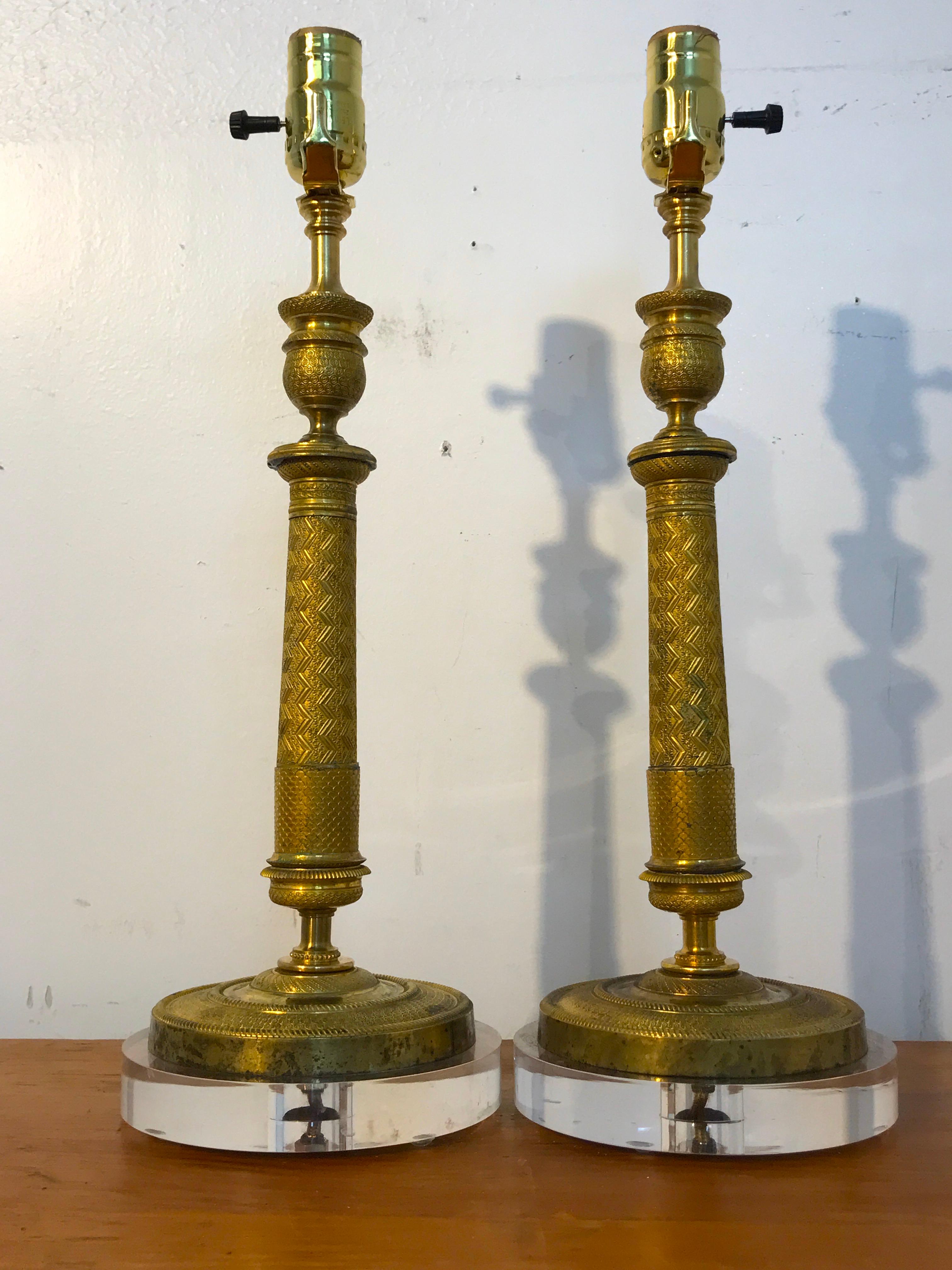 French Pair of Charles X Ormolu Candlesticks, Now as Lamps