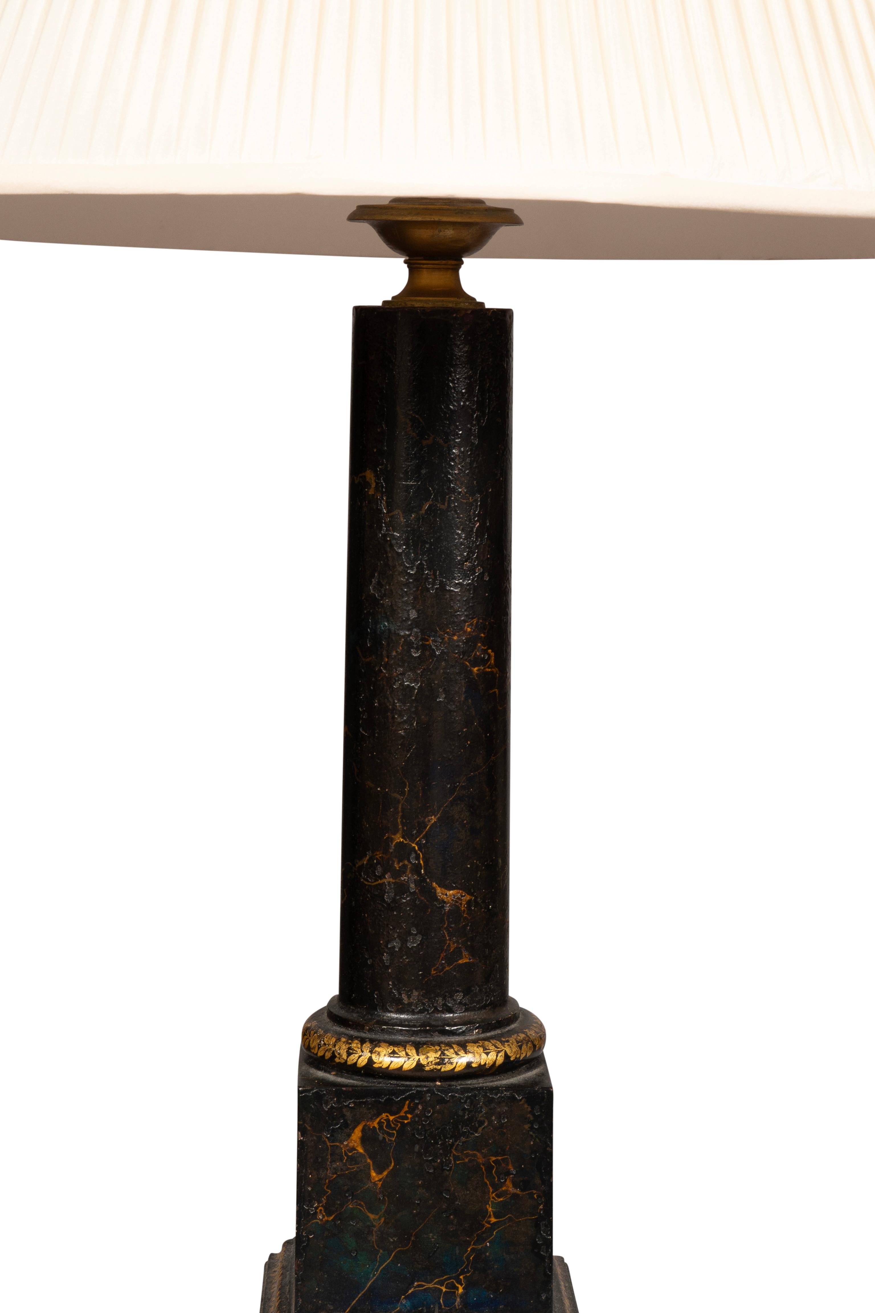 French Pair Of Charles X Painted Tole Lamps Signed Carcel, Paris