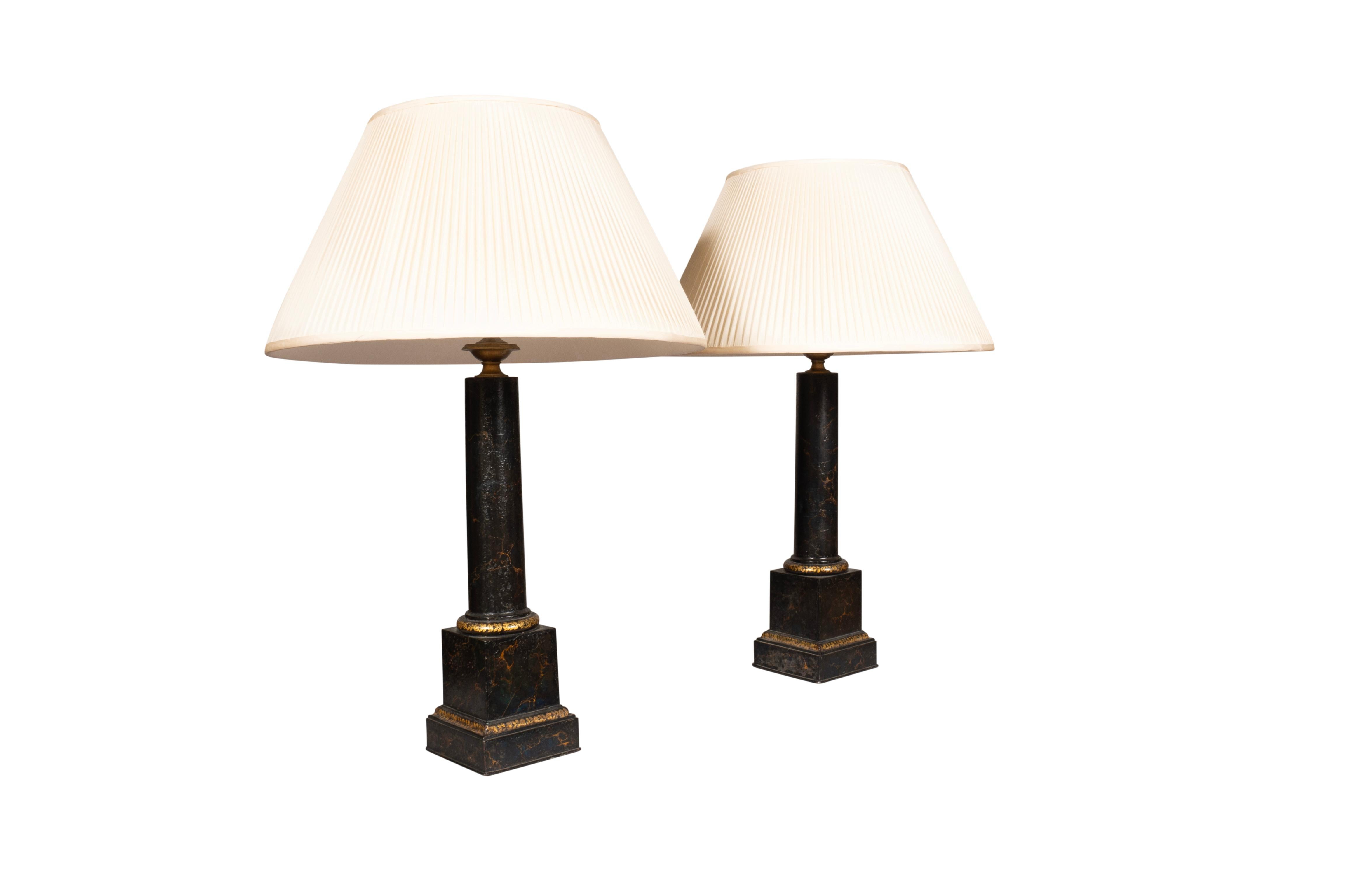 Pair Of Charles X Painted Tole Lamps Signed Carcel, Paris In Good Condition In Essex, MA