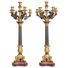 Pair of Charles X Patinated and Gilt Bronze Candelabra