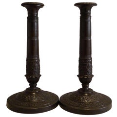 Pair of Charles X Period Patinated Bronze Candlesticks