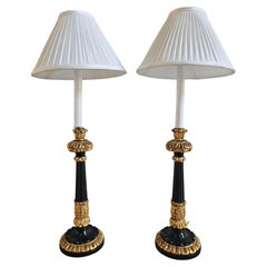 Pair of Charles X St. Giltwood And Black Enamel Candlesticks Mounted As Lamps