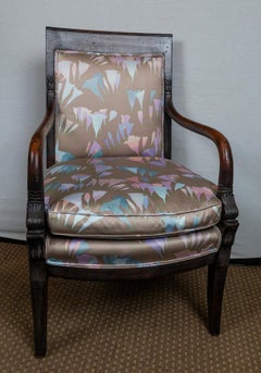 Pair of Charles X Style Hand Carved Mahogany Open Arm Chairs