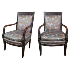 Pair of Charles X Style Hand Carved Mahogany Open Arm Chairs