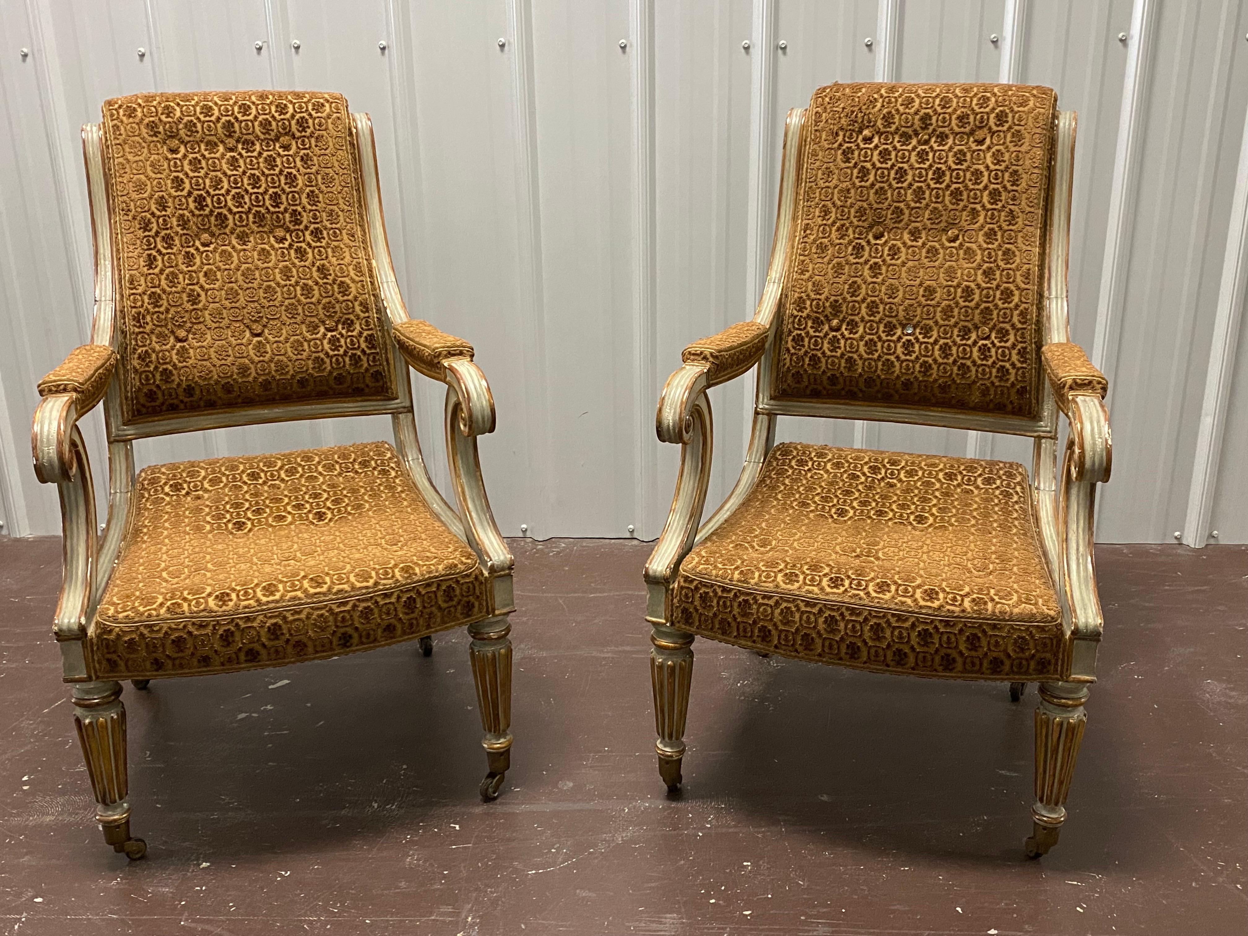 French Pair of Charles X Velvet Painted & Parcel-Gilt Armchairs, Sourced, David Easton  For Sale