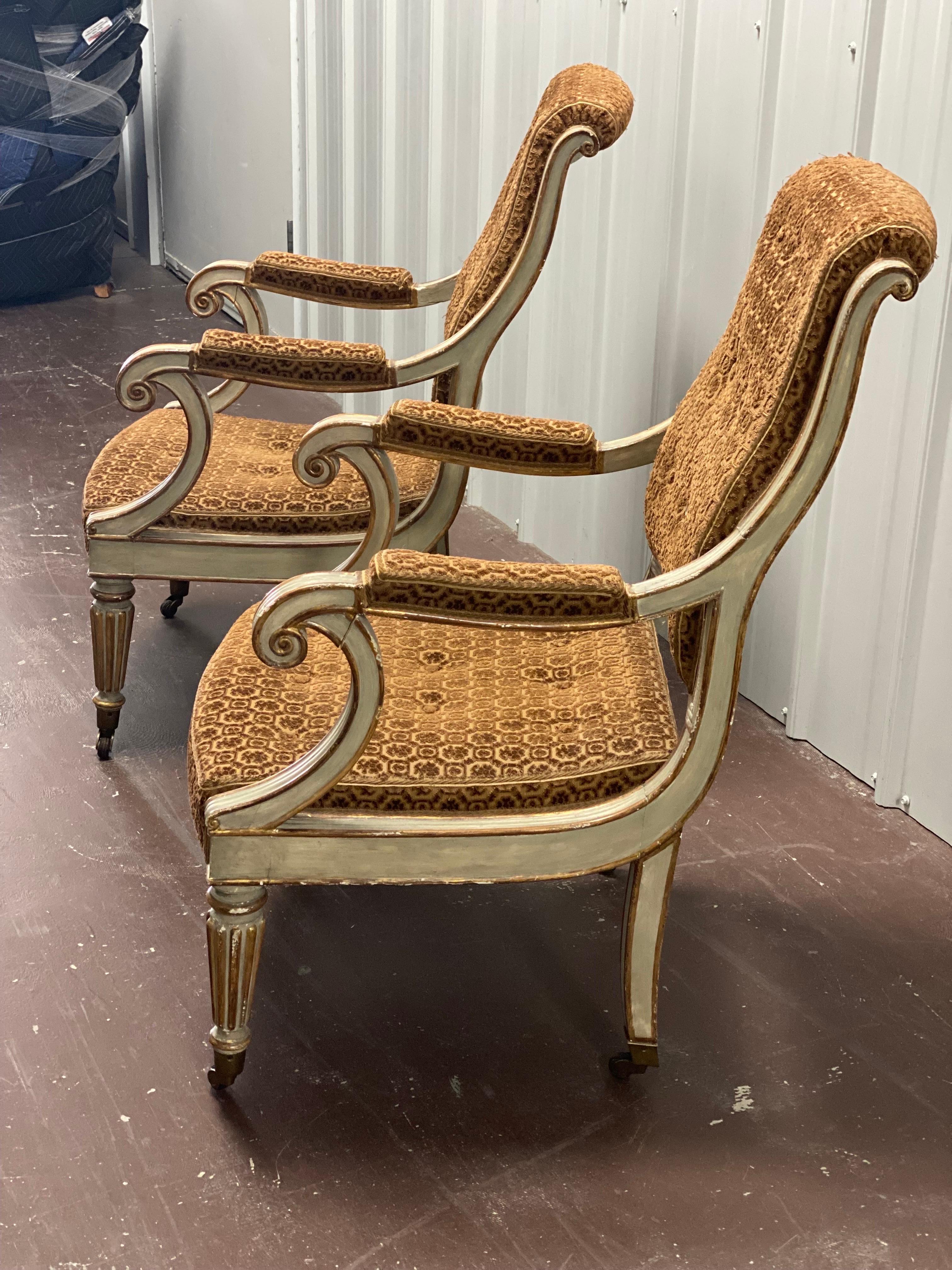 Pair of Charles X Velvet Painted & Parcel-Gilt Armchairs, Sourced, David Easton  In Fair Condition For Sale In Southampton, NY