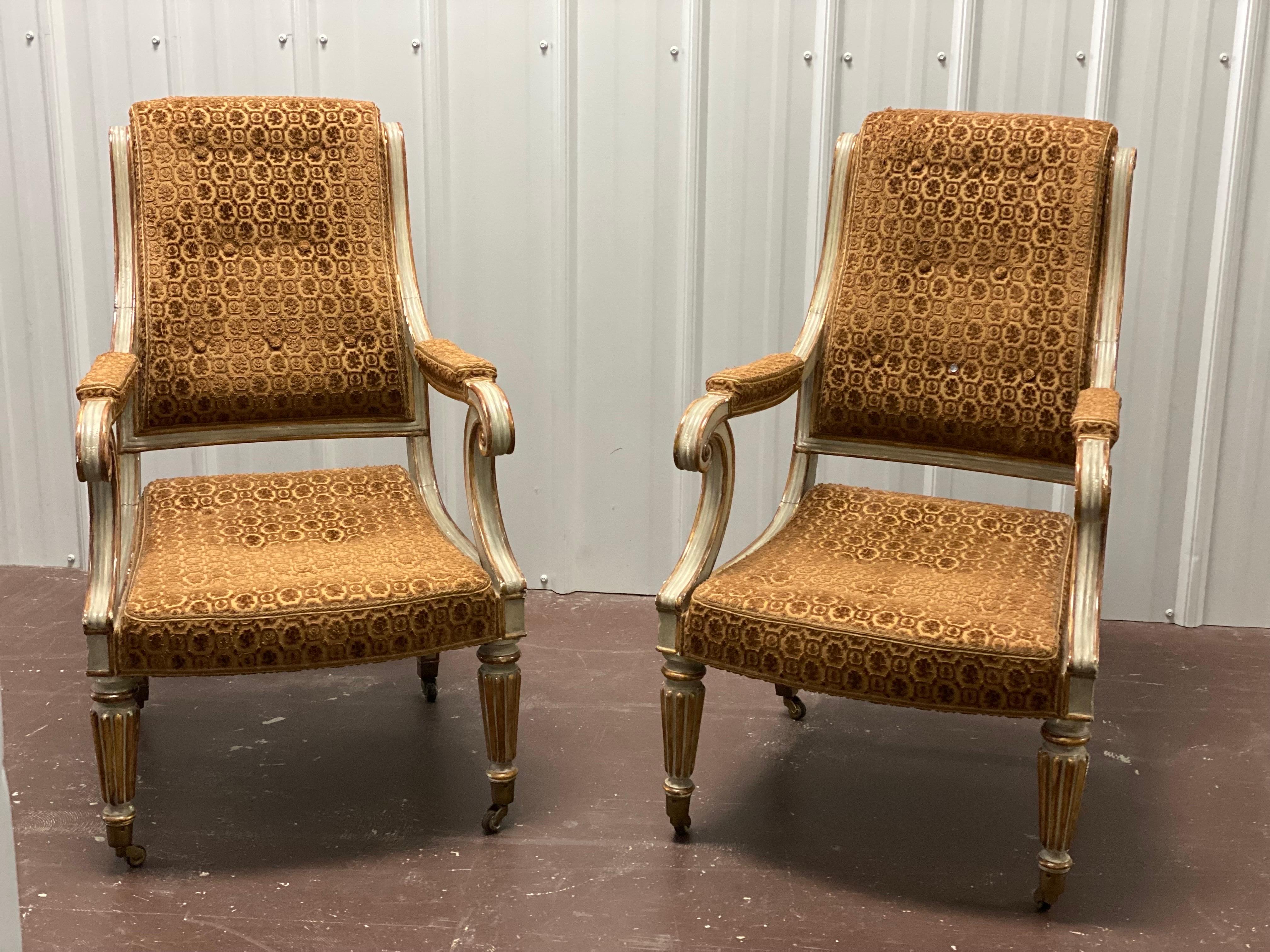 Pair of Charles X Velvet Painted & Parcel-Gilt Armchairs, Sourced, David Easton  For Sale 2