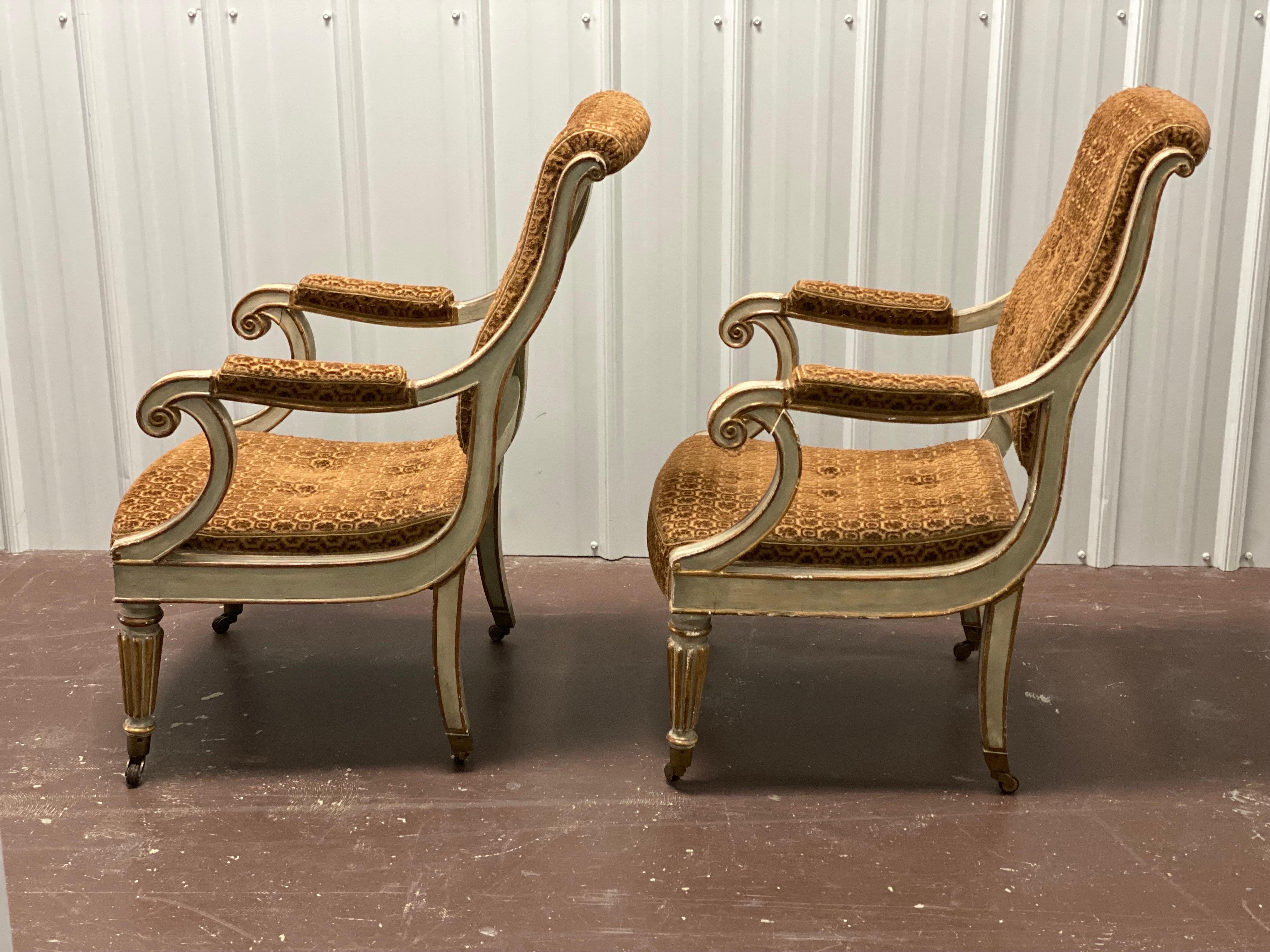 Pair of Charles X Velvet Painted & Parcel-Gilt Armchairs, Sourced, David Easton  For Sale 3