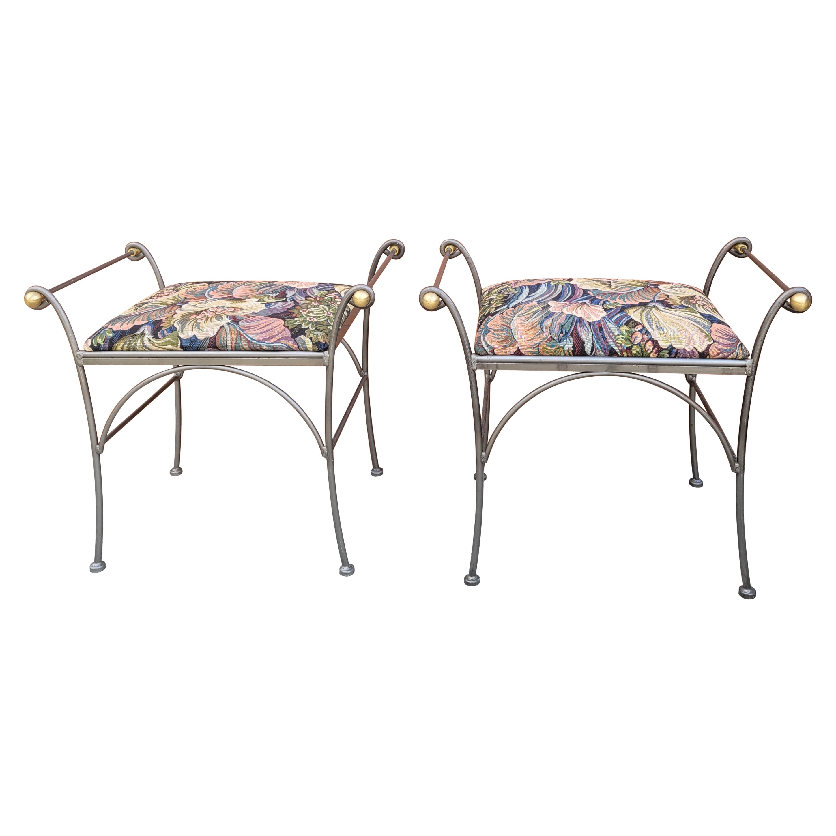 Pair of Charleston Forge Brass and Steel Floral Upholstered Benches