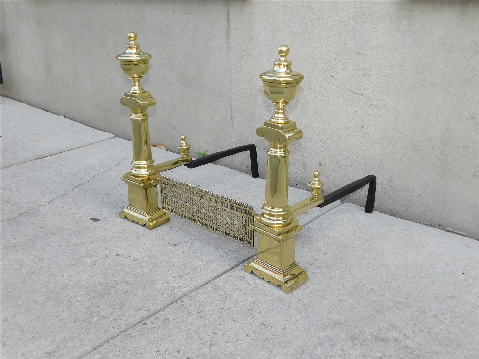 American Pair of Charleston Neoclassical Brass Urn Finial Andirons with Orig. Grate, 1820 For Sale