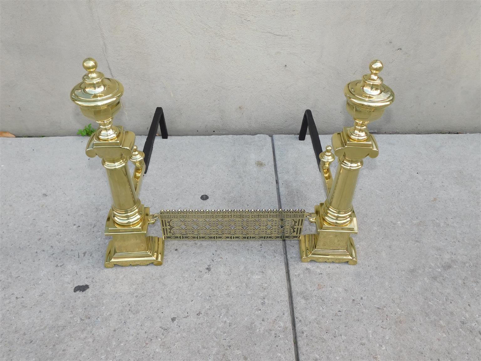Cast Pair of Charleston Neoclassical Brass Urn Finial Andirons with Orig. Grate, 1820 For Sale