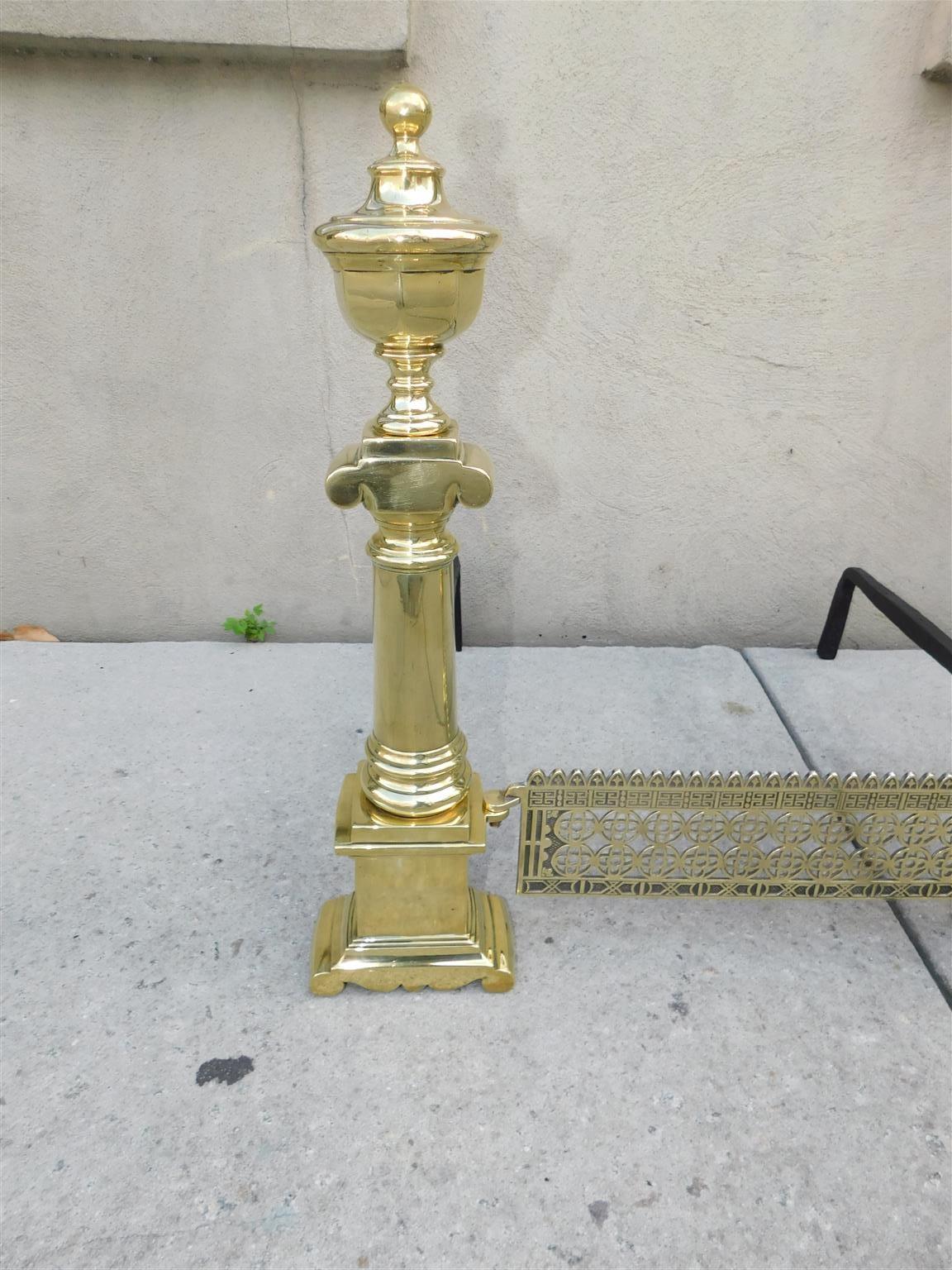 Early 19th Century Pair of Charleston Neoclassical Brass Urn Finial Andirons with Orig. Grate, 1820 For Sale
