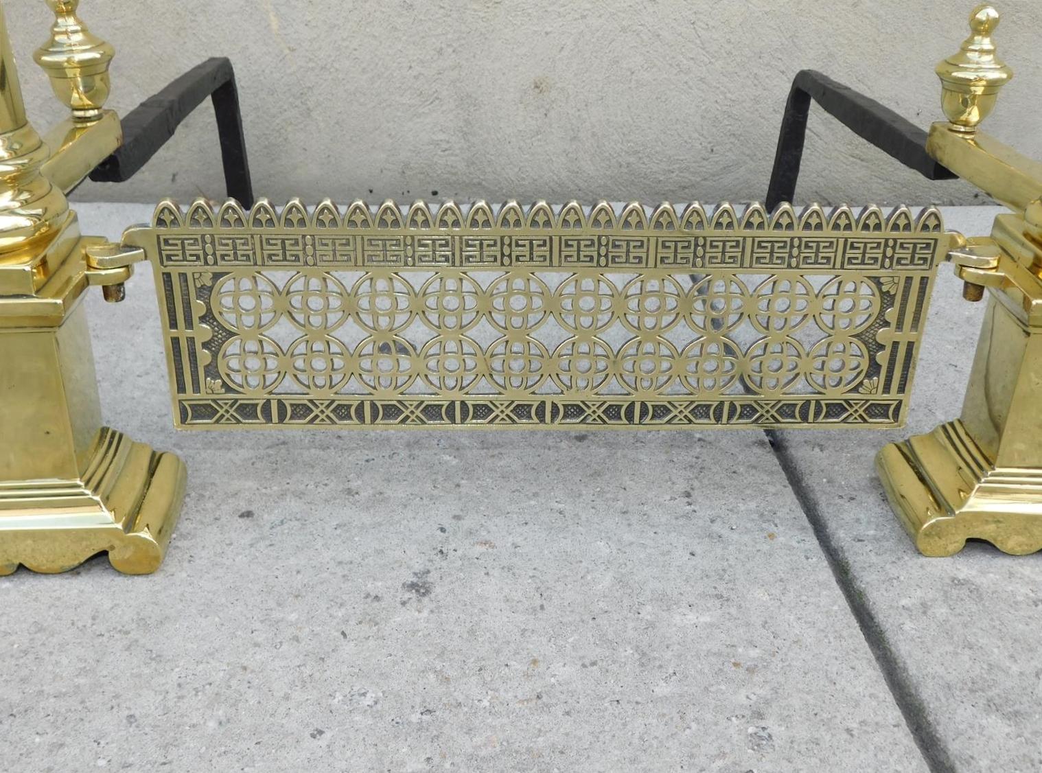 Pair of Charleston Neoclassical Brass Urn Finial Andirons with Orig. Grate, 1820 For Sale 1