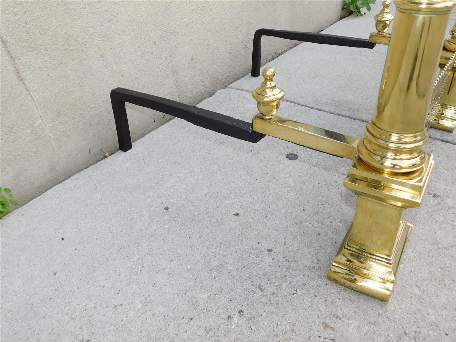 Pair of Charleston Neoclassical Brass Urn Finial Andirons with Orig. Grate, 1820 For Sale 2