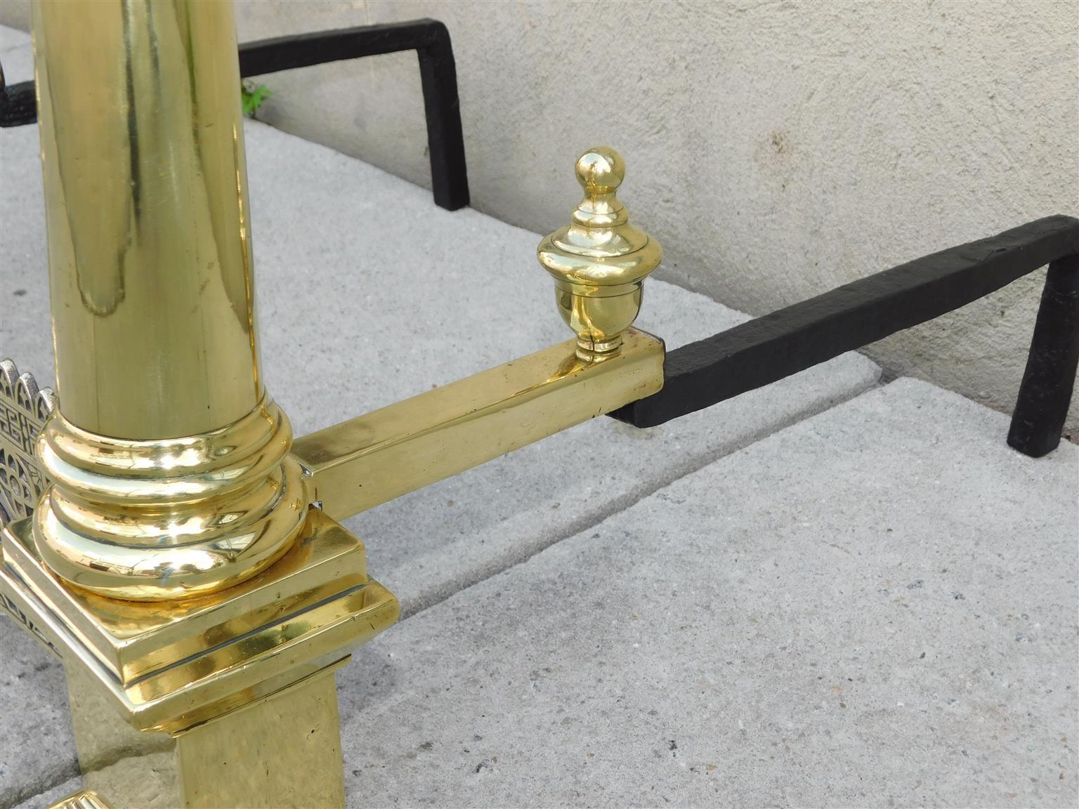 Pair of Charleston Neoclassical Brass Urn Finial Andirons with Orig. Grate, 1820 For Sale 3