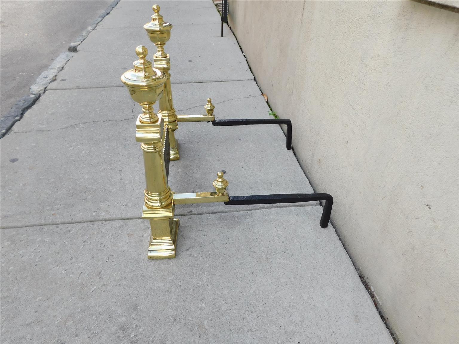 Pair of Charleston Neoclassical Brass Urn Finial Andirons with Orig. Grate, 1820 For Sale 4