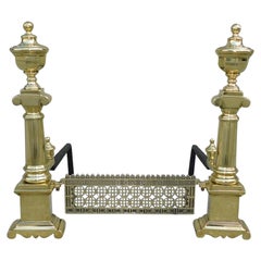 Antique Pair of Charleston Neoclassical Brass Urn Finial Andirons with Orig. Grate, 1820