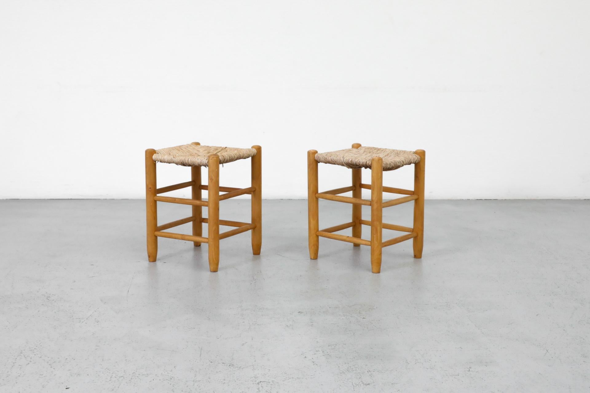 Mid-Century Modern Pair of Charlotte Perriand Inspired Oak Stools with Hand-Woven Rush Seats