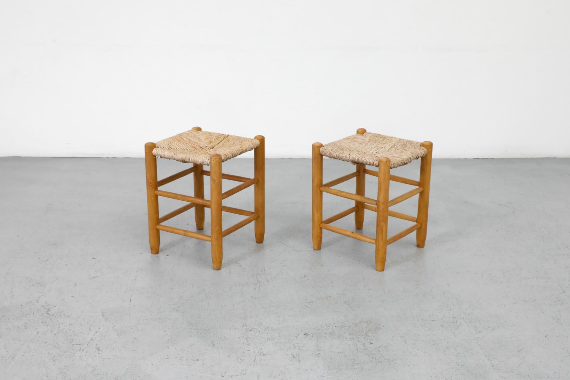 Dutch Pair of Charlotte Perriand Inspired Oak Stools with Hand-Woven Rush Seats