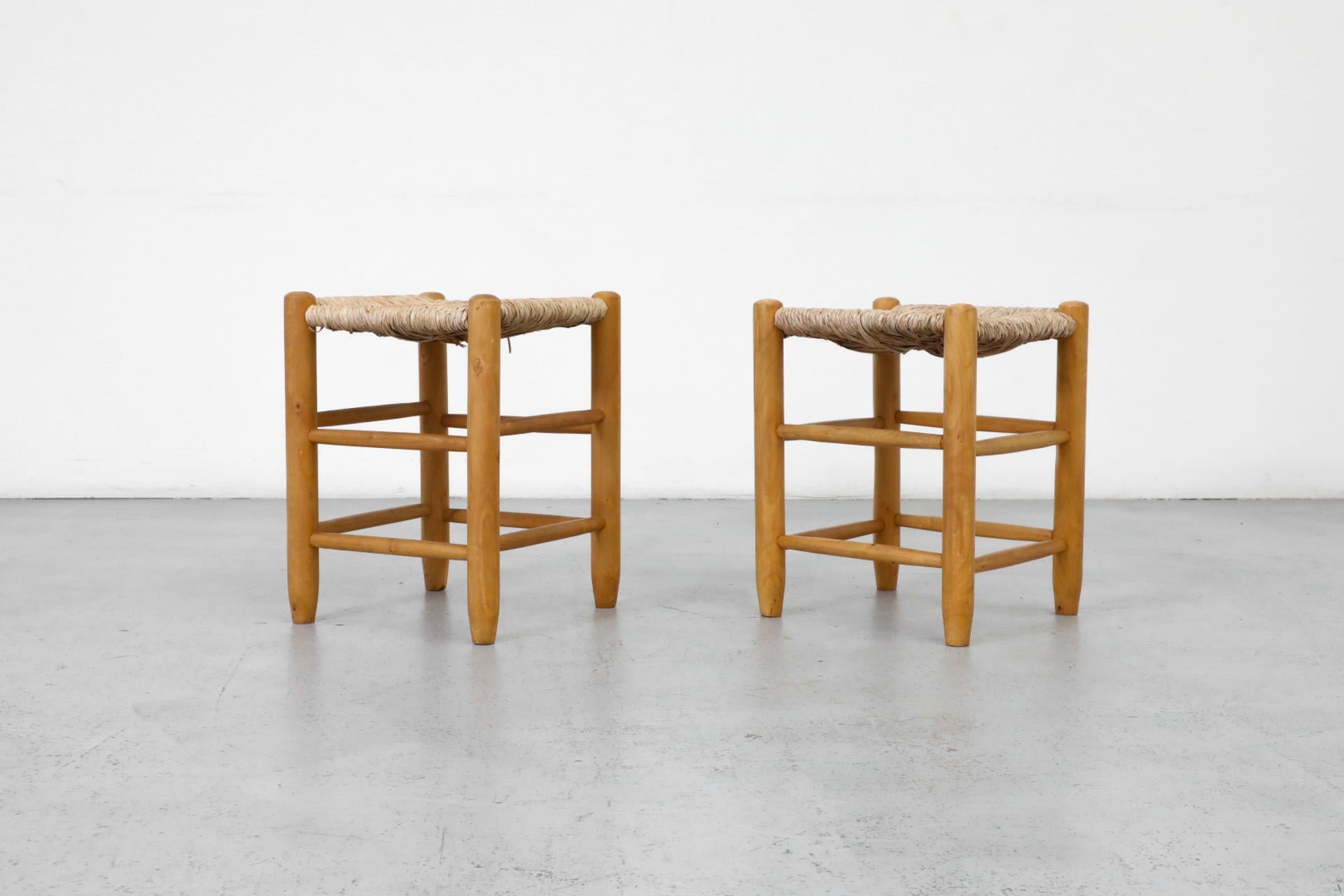 Pair of Charlotte Perriand Inspired Oak Stools with Hand-Woven Rush Seats In Good Condition In Los Angeles, CA