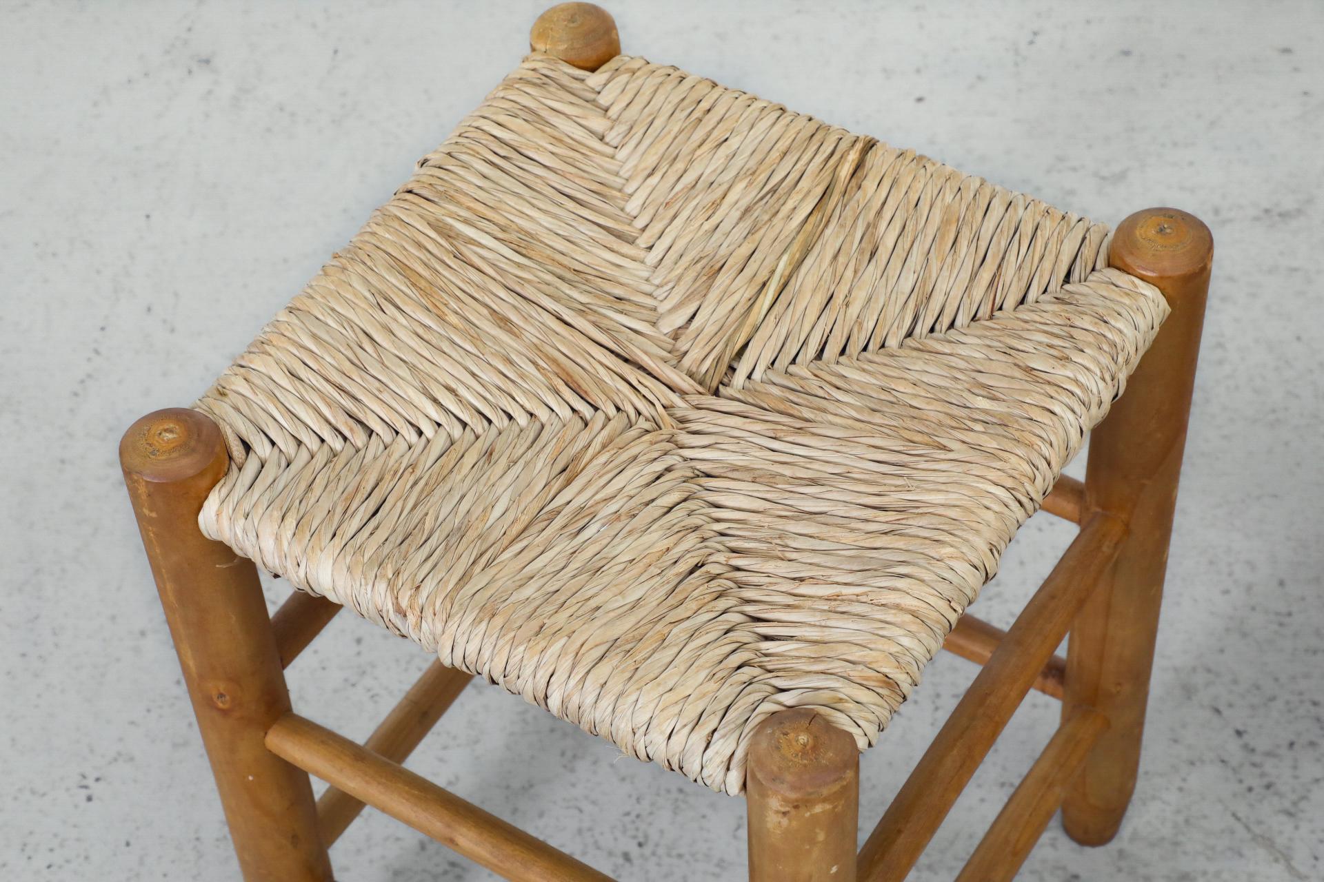 20th Century Pair of Charlotte Perriand Inspired Oak Stools with Hand-Woven Rush Seats