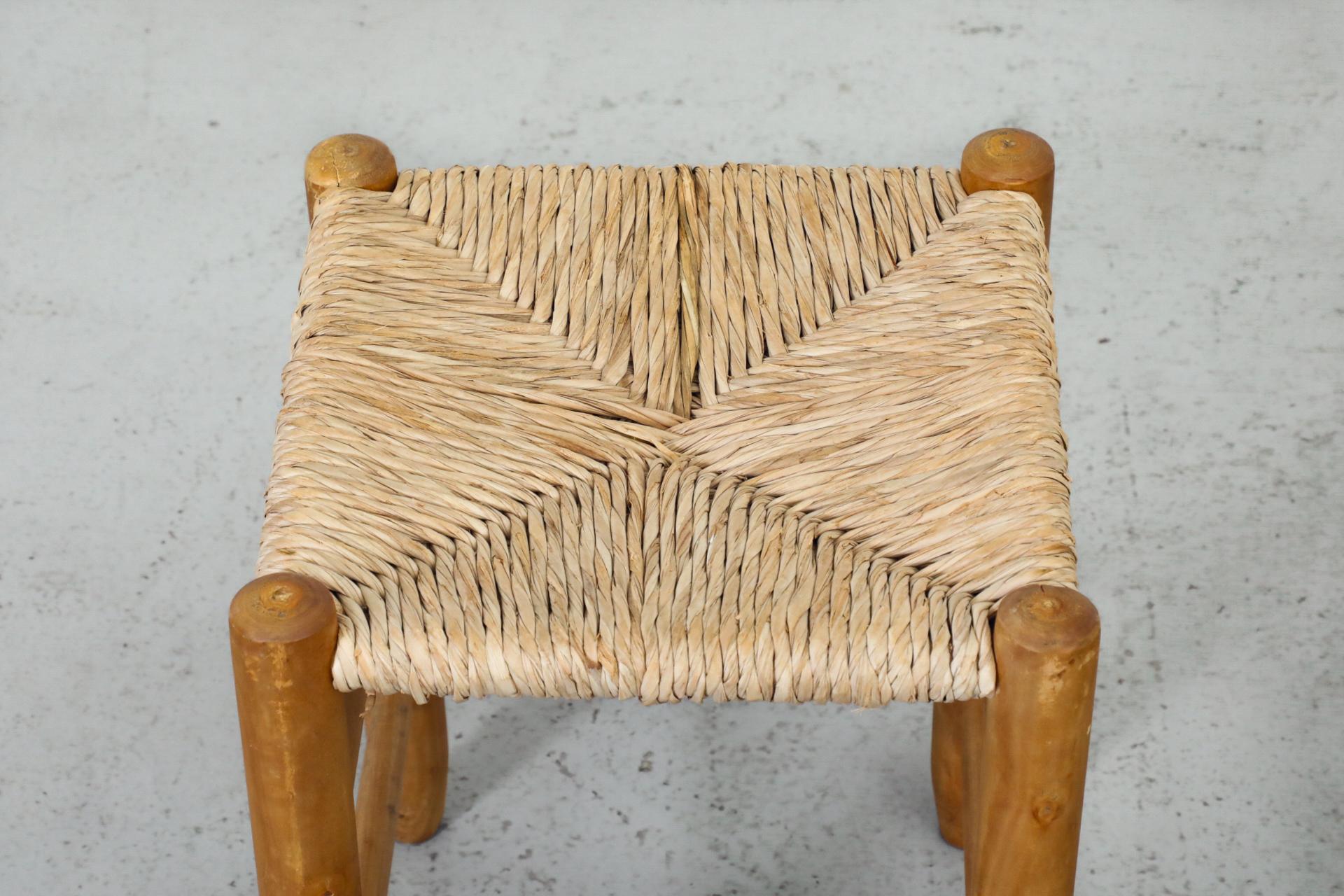 Pair of Charlotte Perriand Inspired Oak Stools with Hand-Woven Rush Seats 1