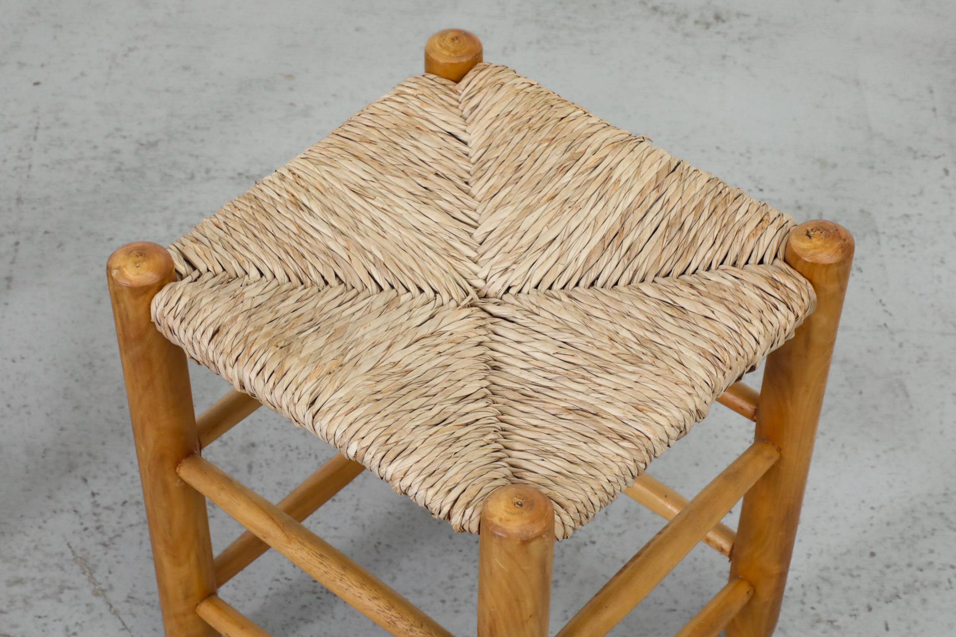 Pair of Charlotte Perriand Inspired Oak Stools with Hand-Woven Rush Seats 2