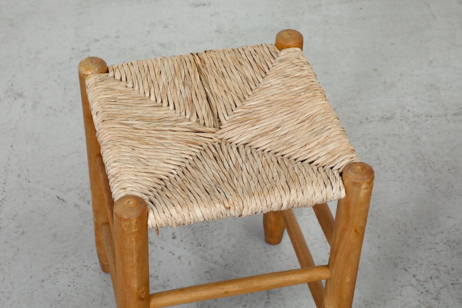 Pair of Charlotte Perriand Inspired Oak Stools with Hand-Woven Rush Seats 3