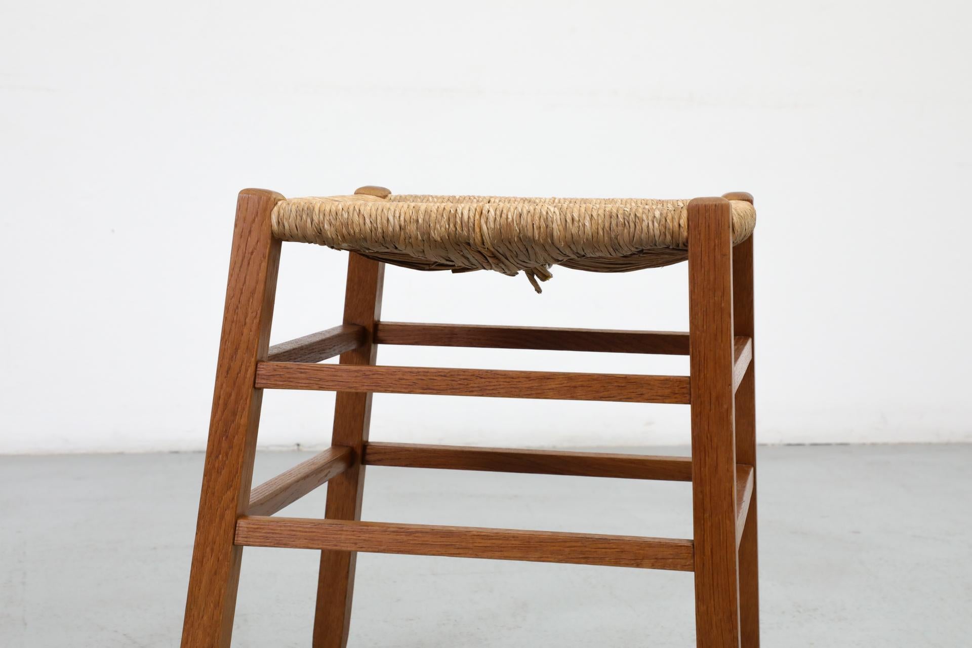 Pair of Charlotte Perriand Inspired Primitive Oak Stools with Rush Seats 5