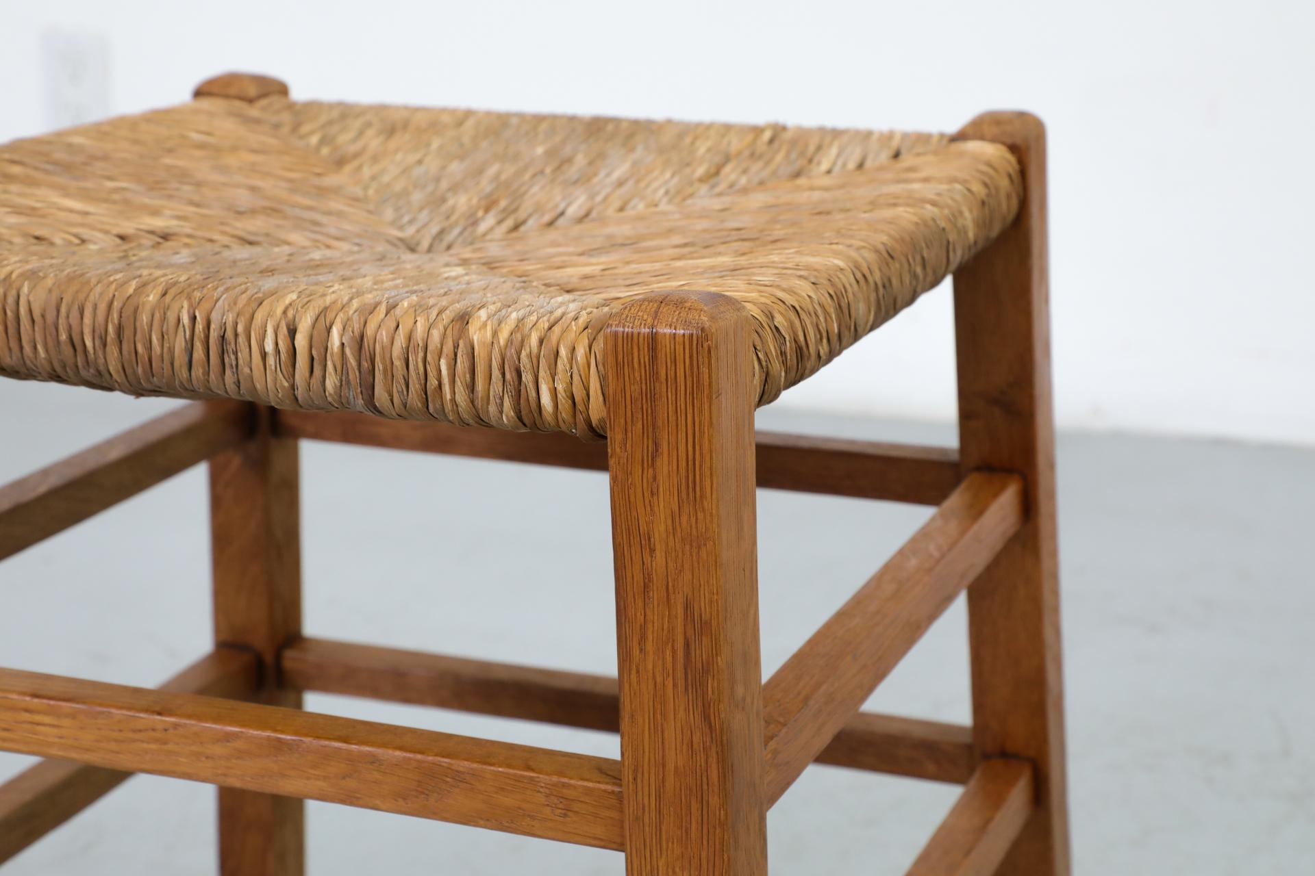 Pair of Charlotte Perriand Inspired Primitive Oak Stools with Rush Seats 7
