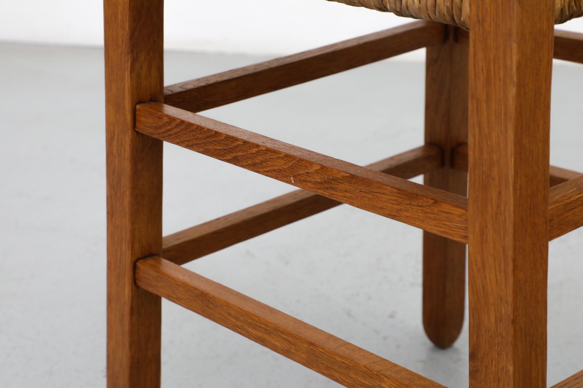 Pair of Charlotte Perriand Inspired Primitive Oak Stools with Rush Seats 8