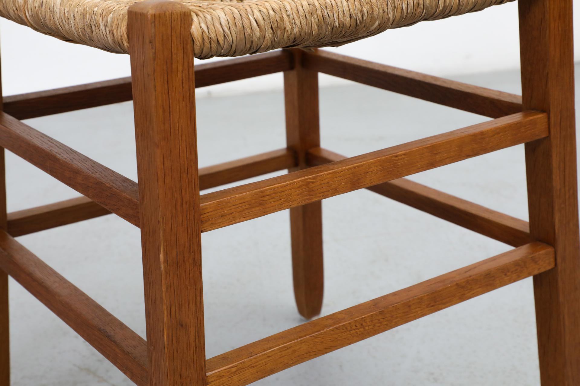 Pair of Charlotte Perriand Inspired Primitive Oak Stools with Rush Seats 11