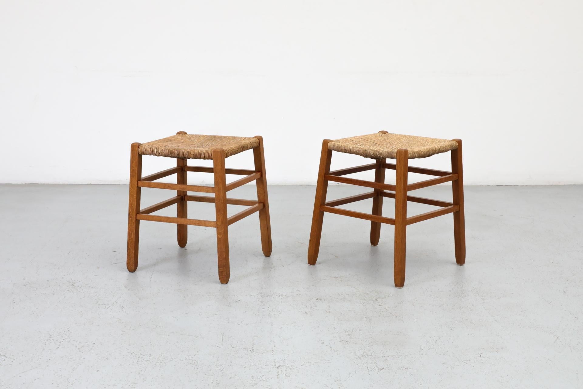 Dutch Pair of Charlotte Perriand Inspired Primitive Oak Stools with Rush Seats