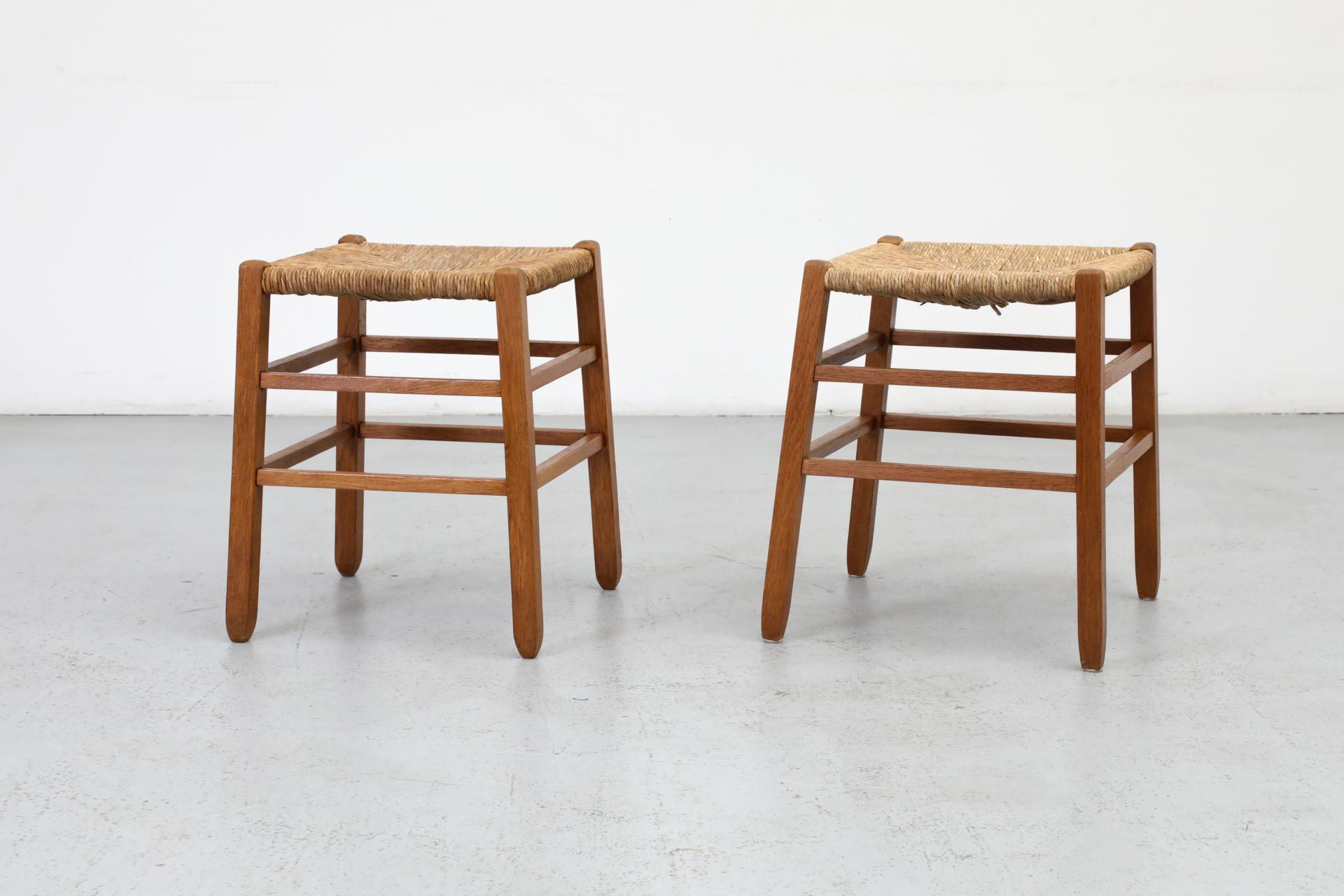 20th Century Pair of Charlotte Perriand Inspired Primitive Oak Stools with Rush Seats