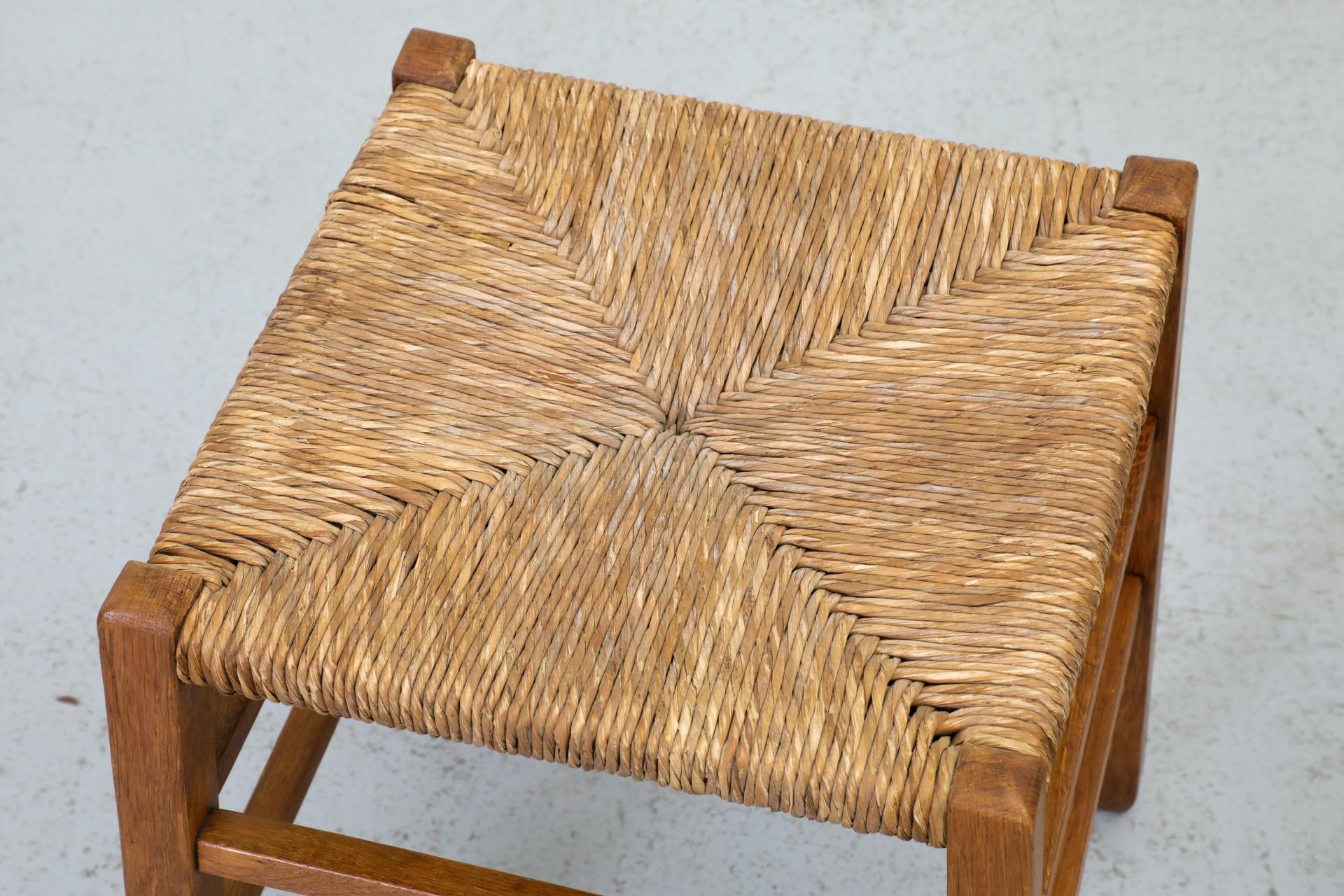 Pair of Charlotte Perriand Inspired Primitive Oak Stools with Rush Seats 1