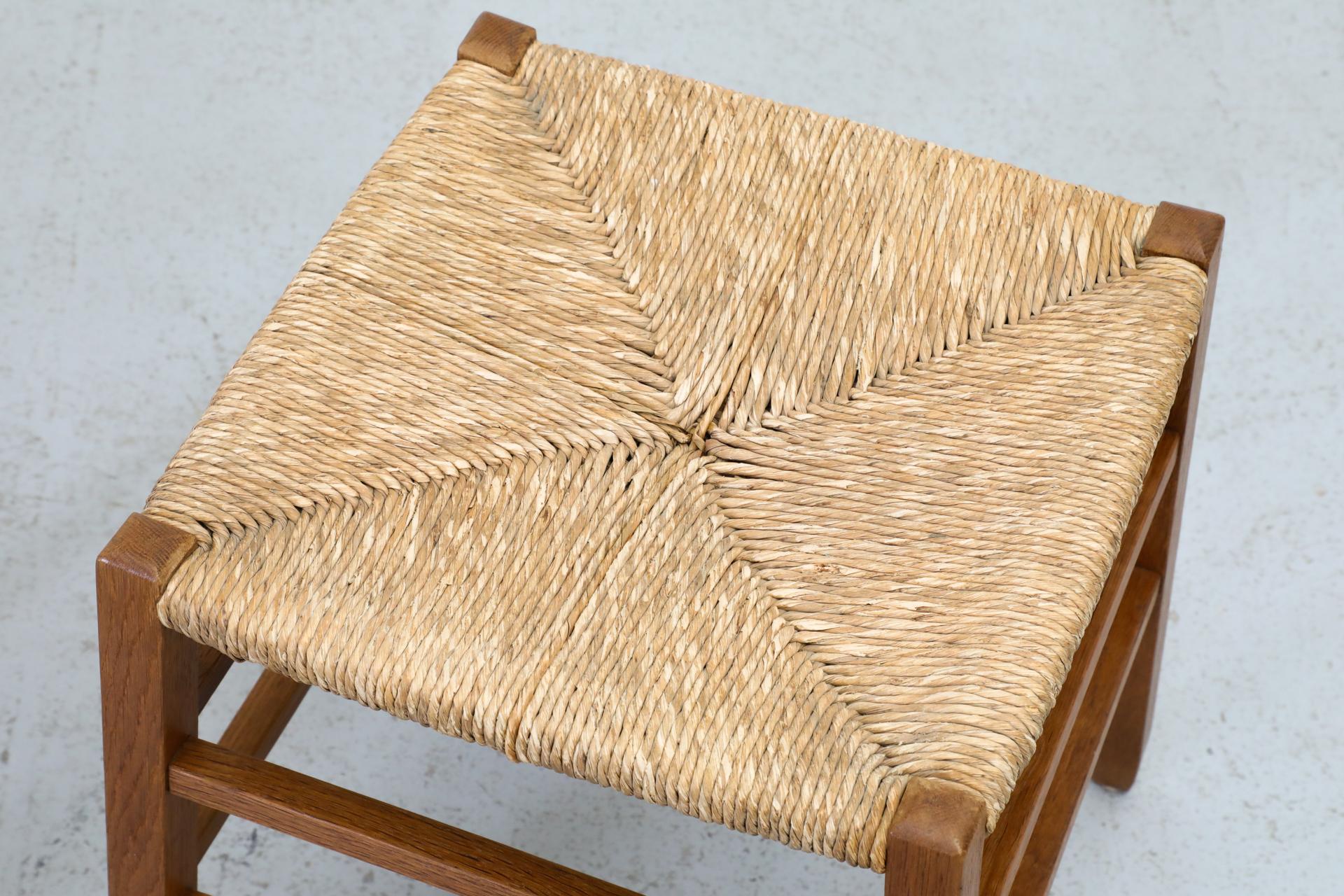 Pair of Charlotte Perriand Inspired Primitive Oak Stools with Rush Seats 2
