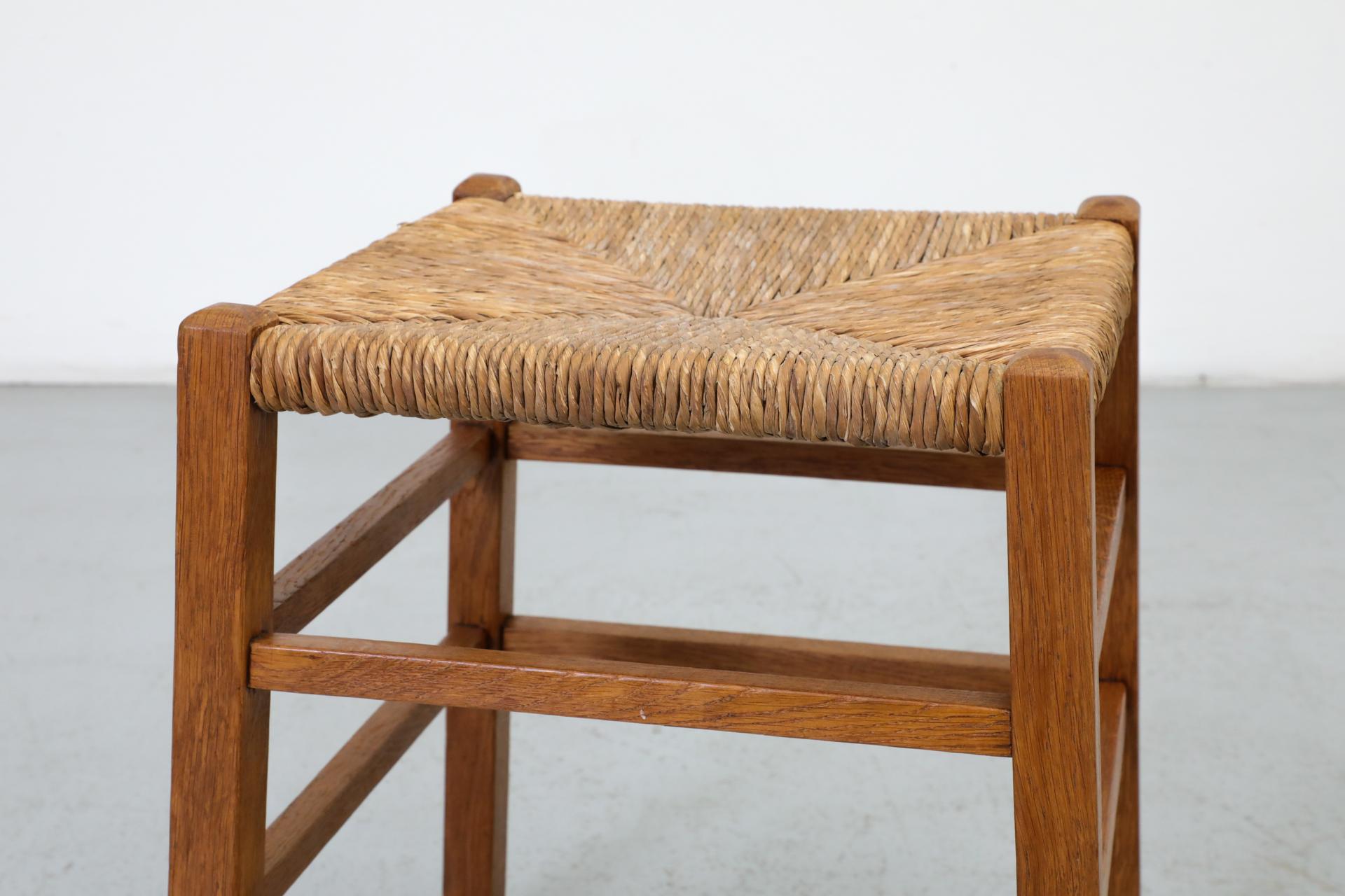 Pair of Charlotte Perriand Inspired Primitive Oak Stools with Rush Seats 3