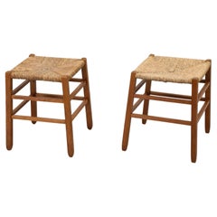 Pair of Charlotte Perriand Inspired Primitive Oak Stools with Rush Seats