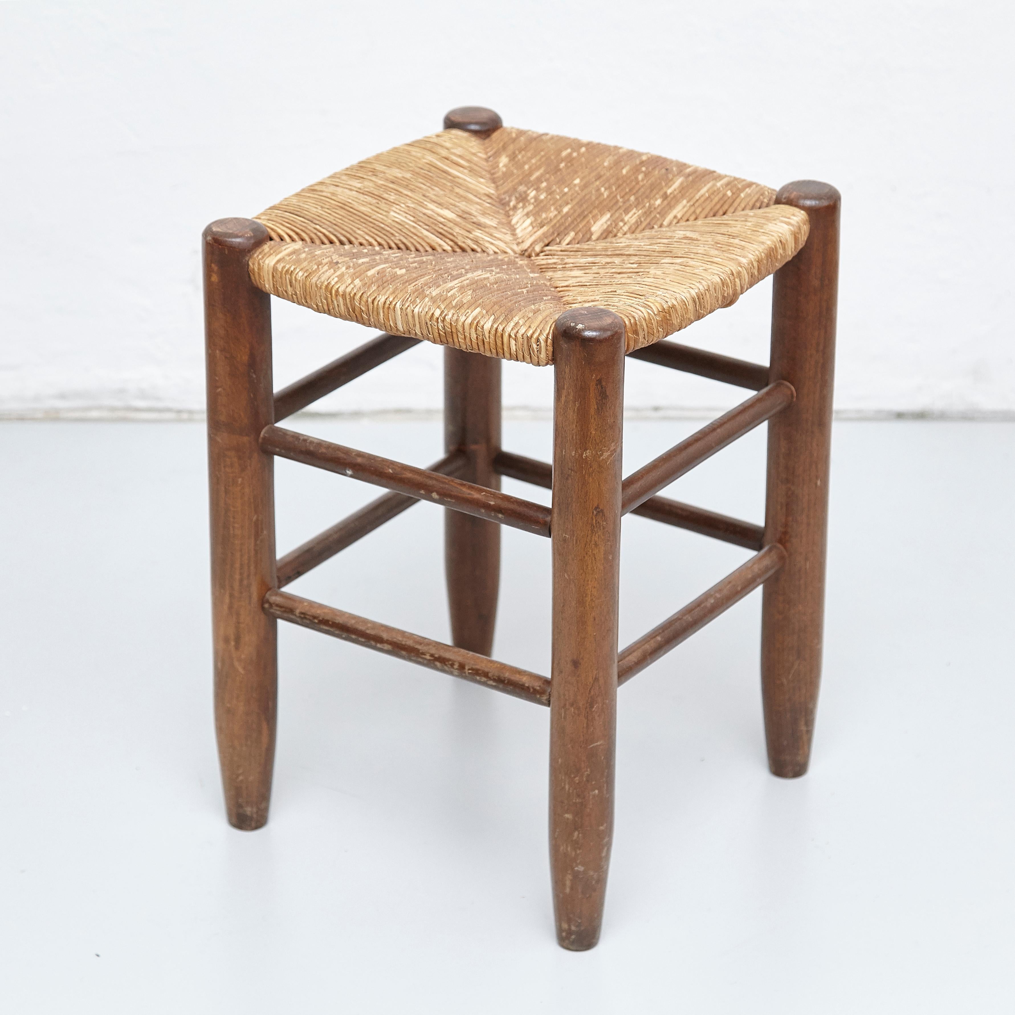 Pair of Charlotte Perriand, Mid-Century Modern, Rattan Wood French Stools 4