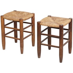 Pair of Charlotte Perriand, Mid-Century Modern, Rattan Wood French Stools